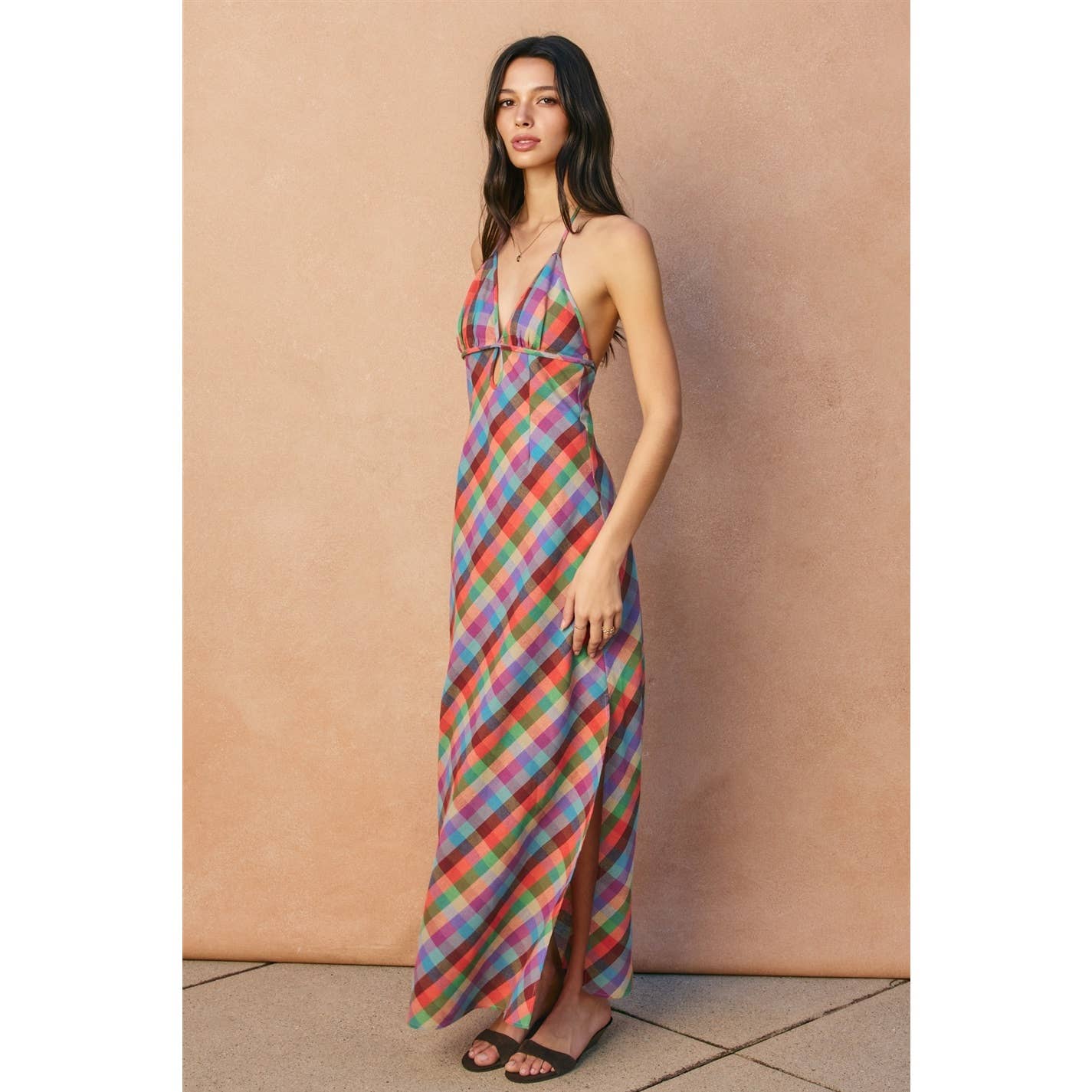 Colorful Gingham Halter Maxi Dress