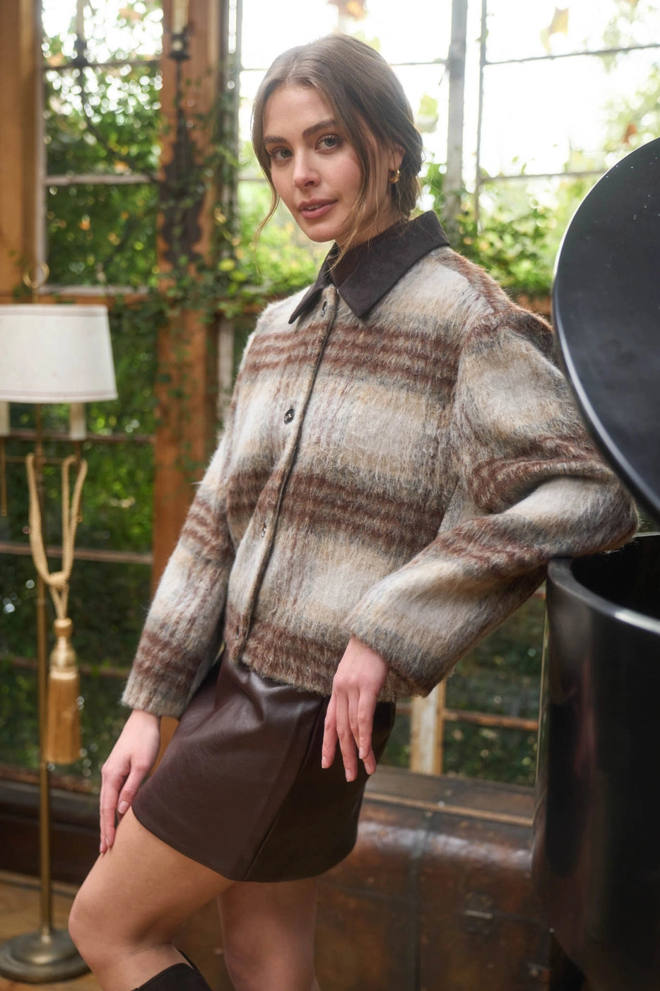 Brushed Plaid Jacket With Contrast Collar