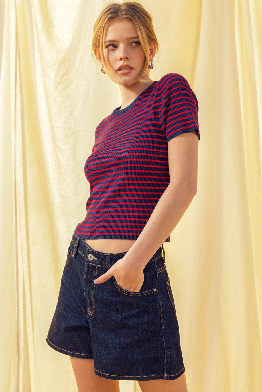 Stripe Ribbed Knit Short Sleeve Top