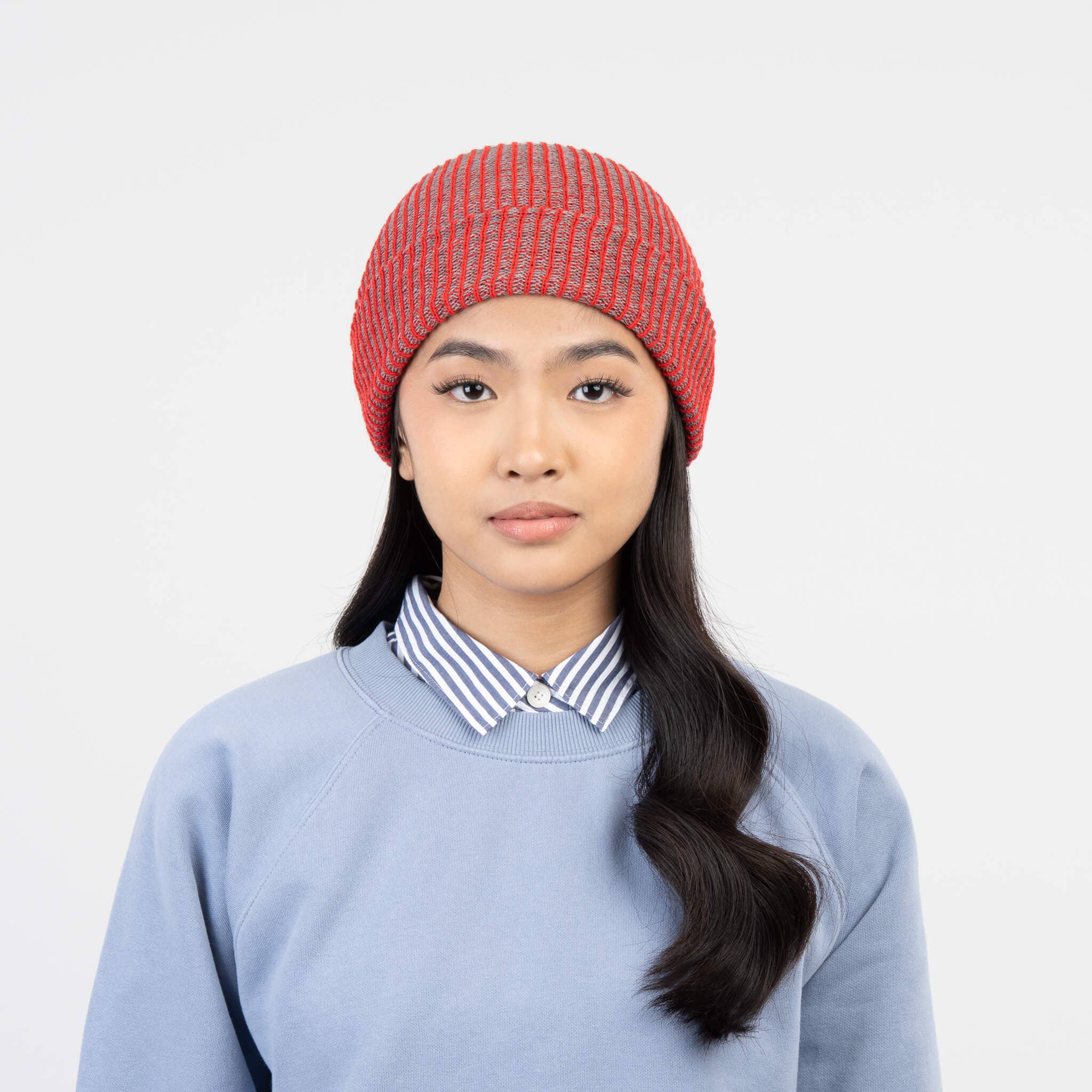 Simple Rib Knit Beanie - Red Grey