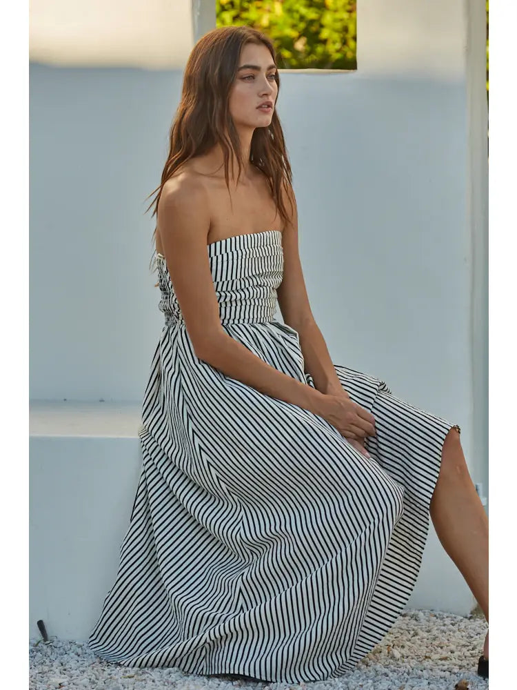 White & Black Striped Strapless Dress