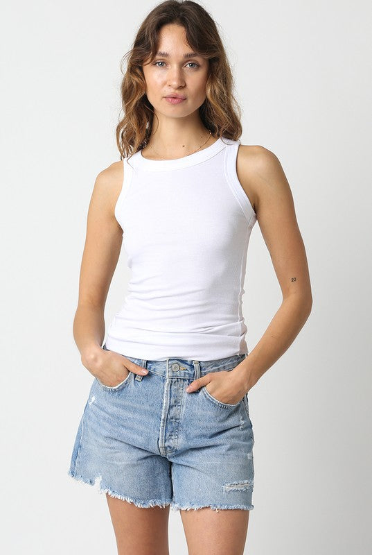 White Ribbed Fitted Scoop Neck Tank Top - Downerss