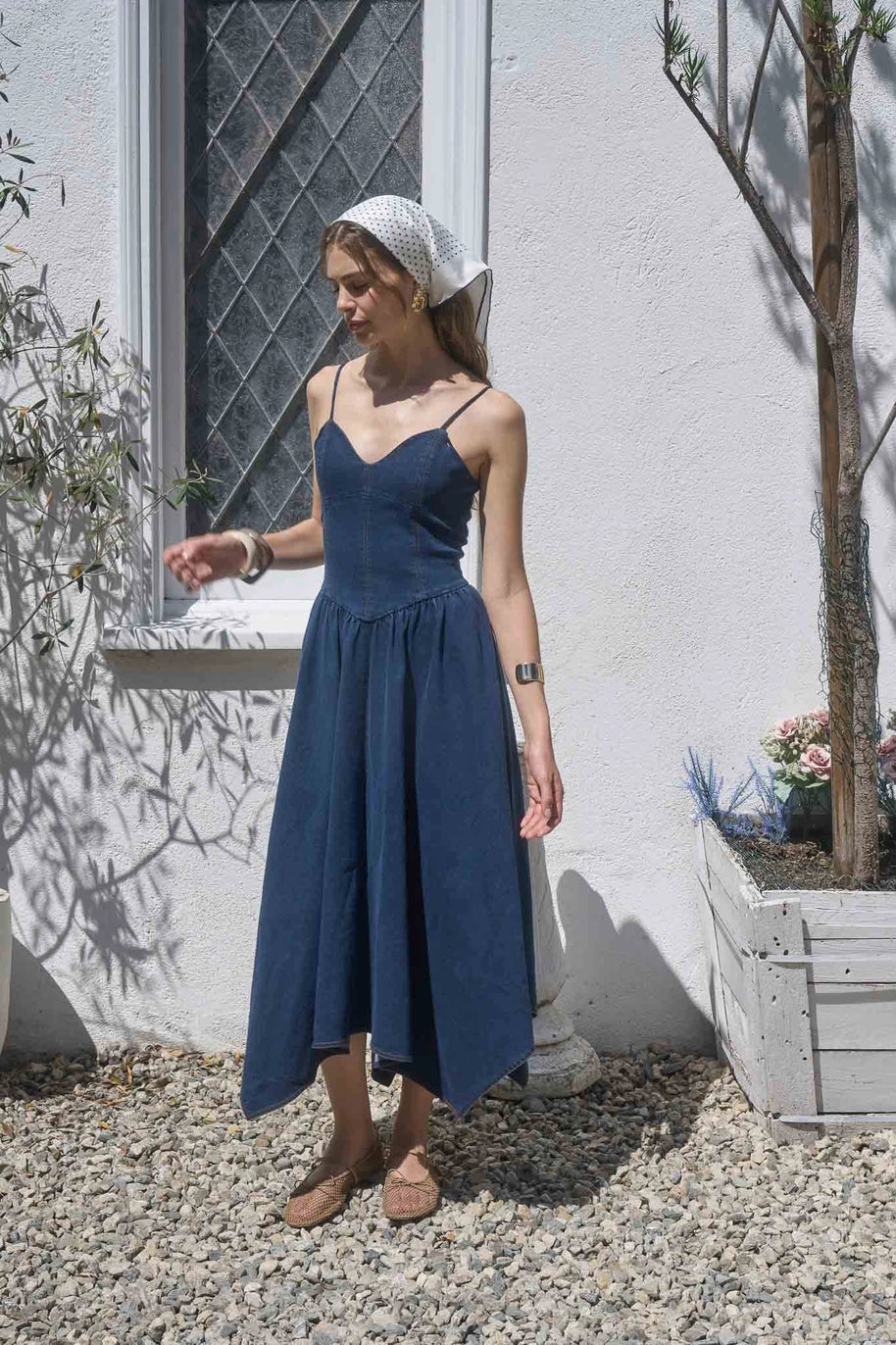 Handkerchief Hem Denim Midi Dress