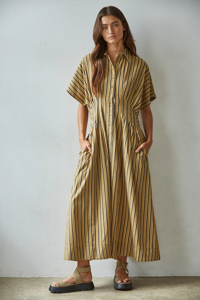 Coffee Striped Collar Button-Down Flare Dress