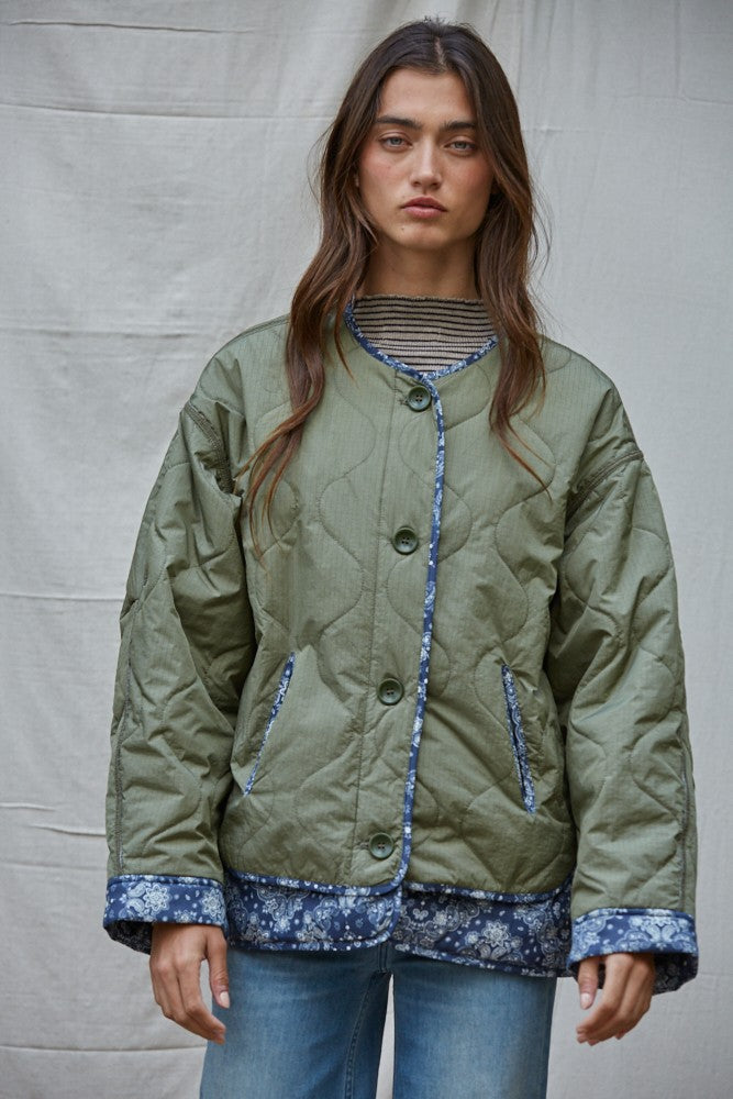 Paisley Trim Quilted Bomber Jacket