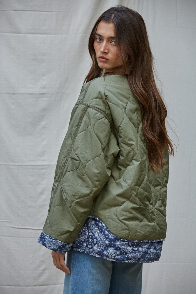 Paisley Trim Quilted Bomber Jacket