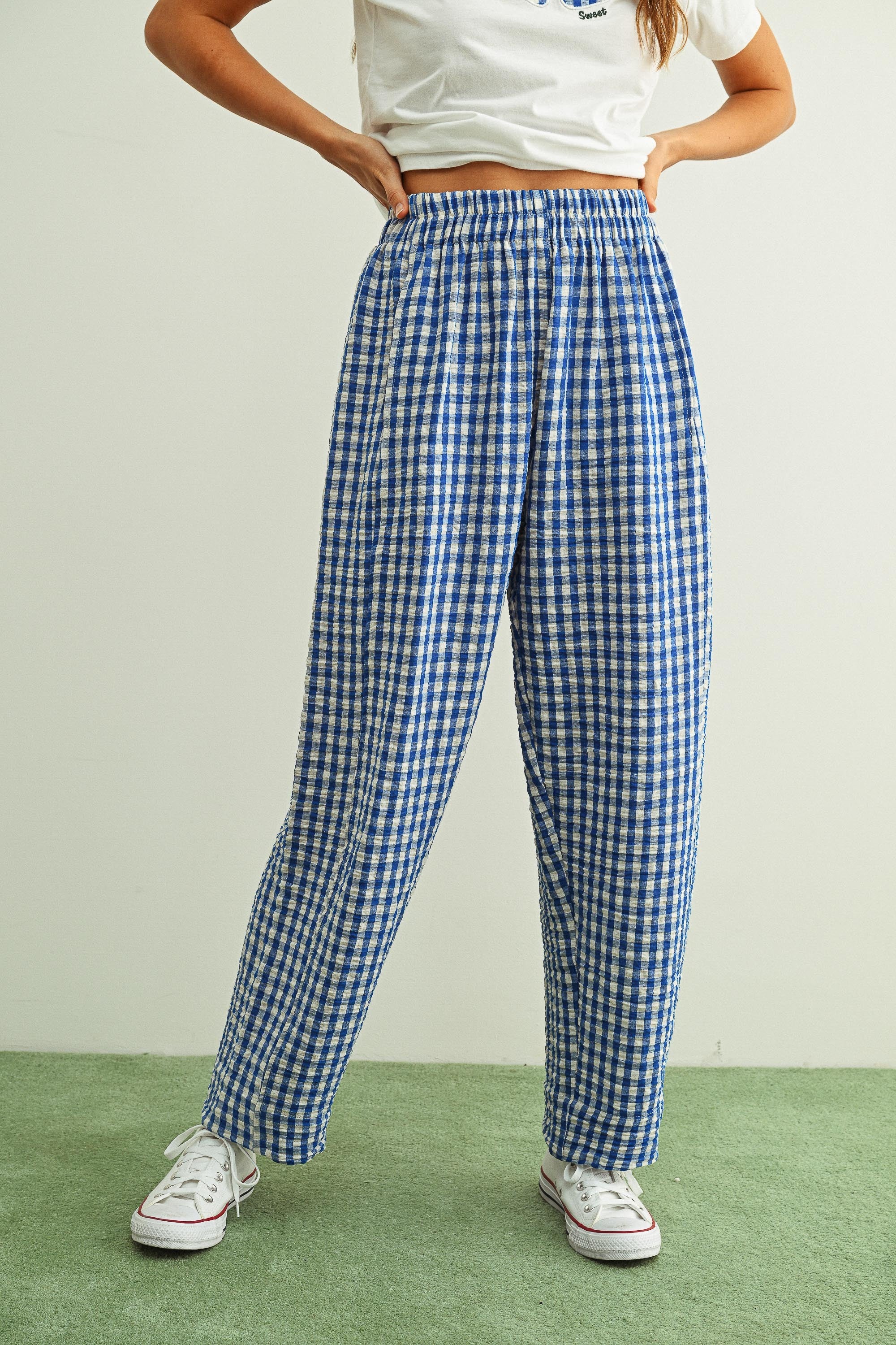 Blue Gingham Pattern Pants