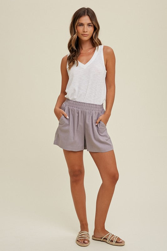 Smocked Waistband Linen Shorts - Midnight