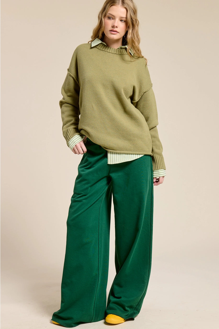 Wide Leg Cotton Jogger Sweatpants - Green