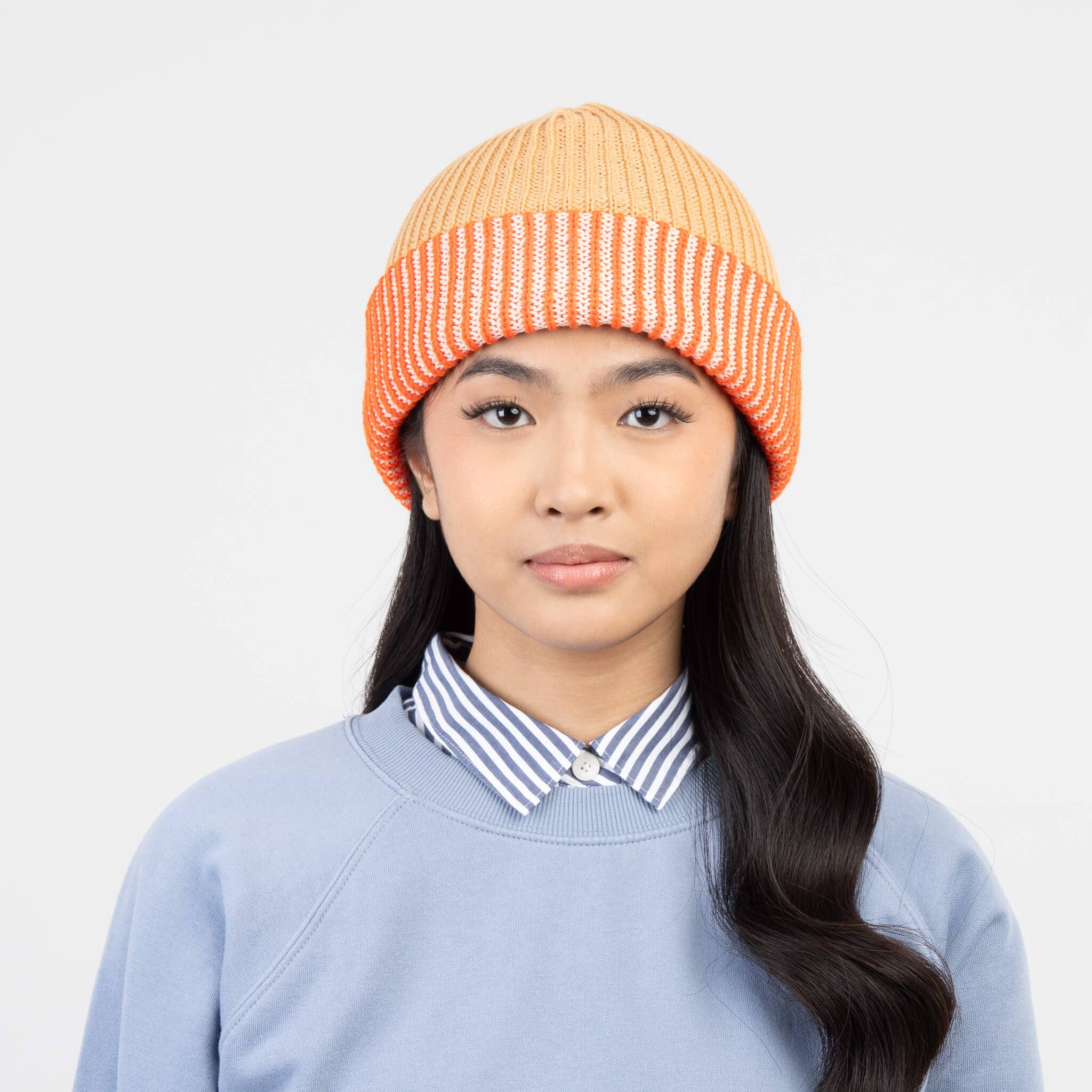 Stripe Cuff Plush Beanie: Camel Poppy