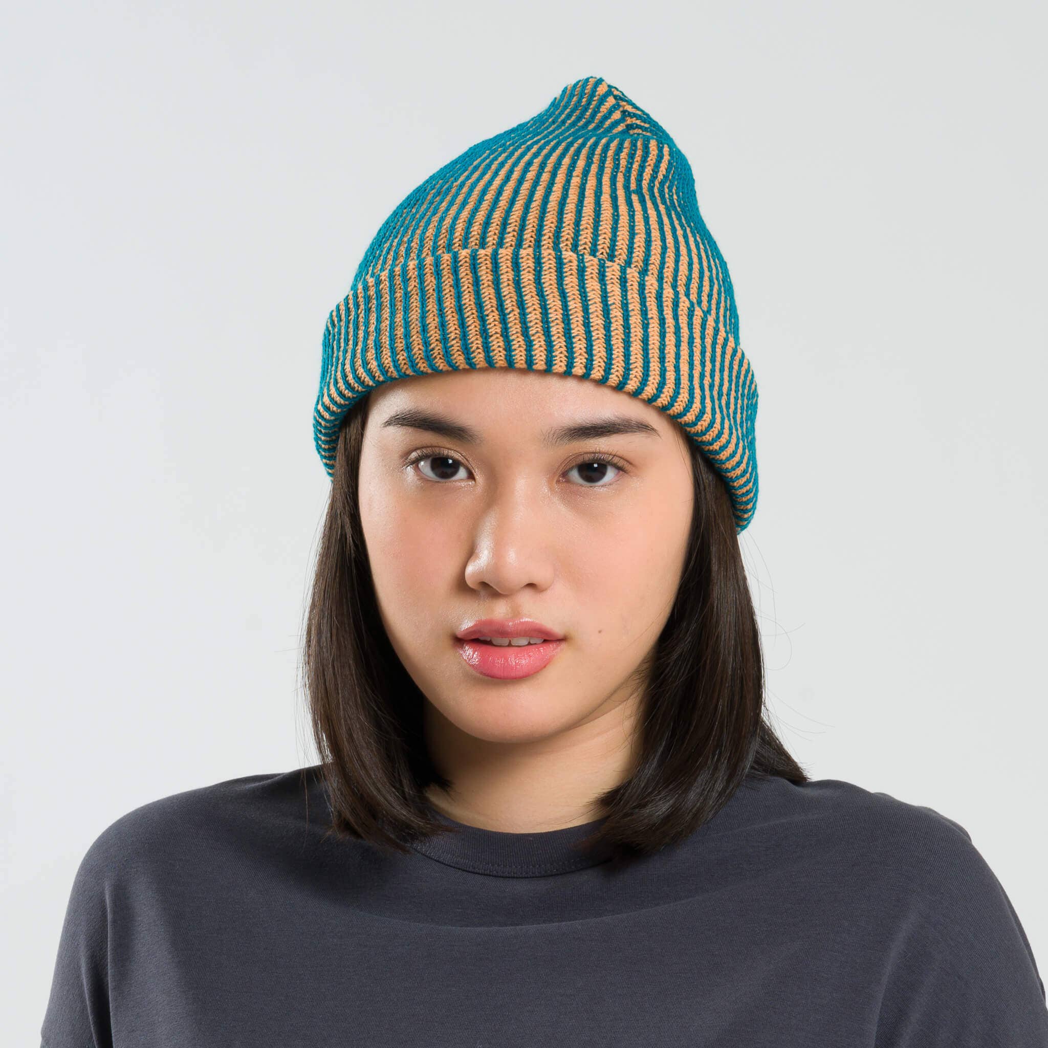VERLOOP | knits - Simple Rib Knit Beanie - Teal & Peach