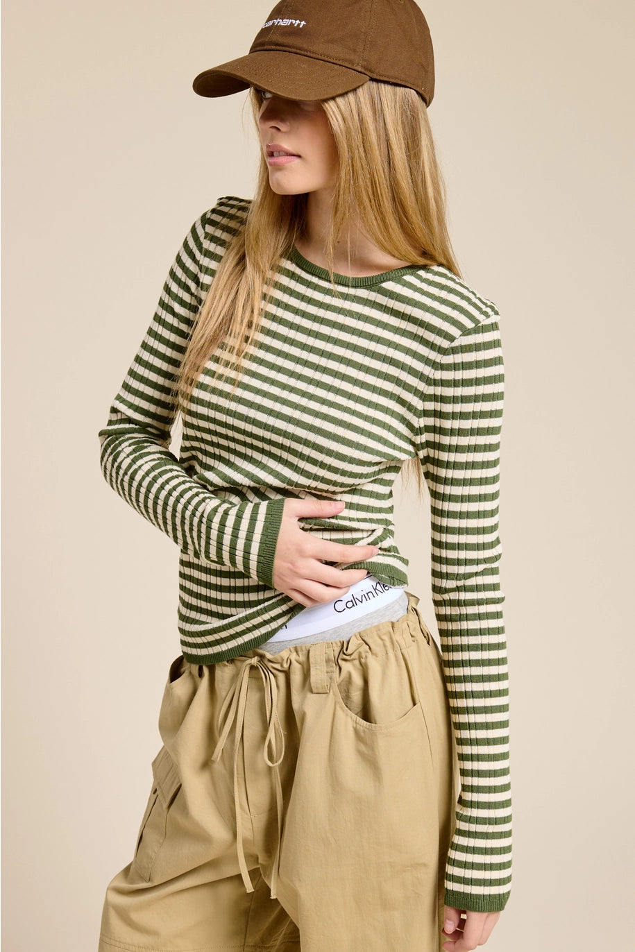 Ribbed Knit Striped Long Sleeve Top