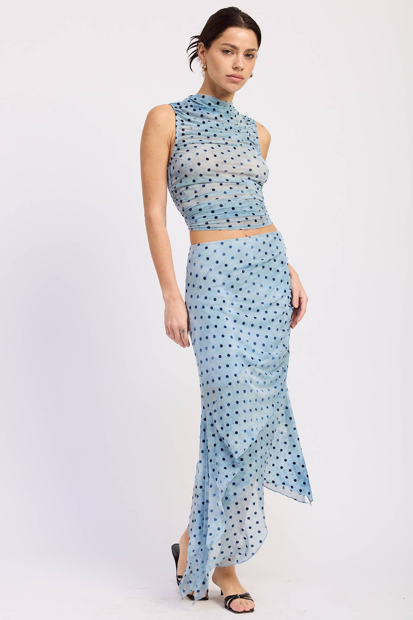 Mesh Blue Dot Shirred Top