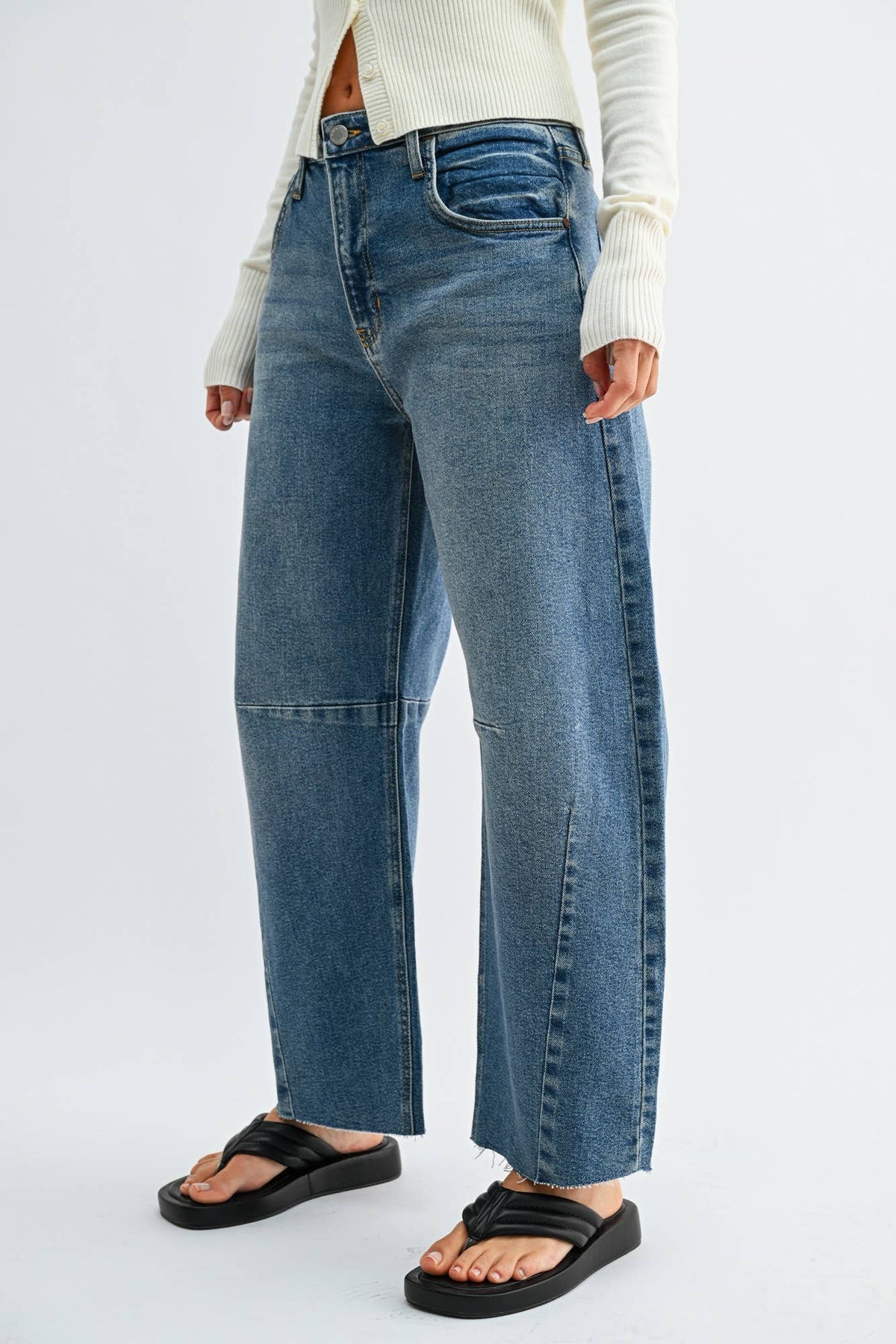 Raw Hem Barrel Jean w/ Seams - Medium Wash