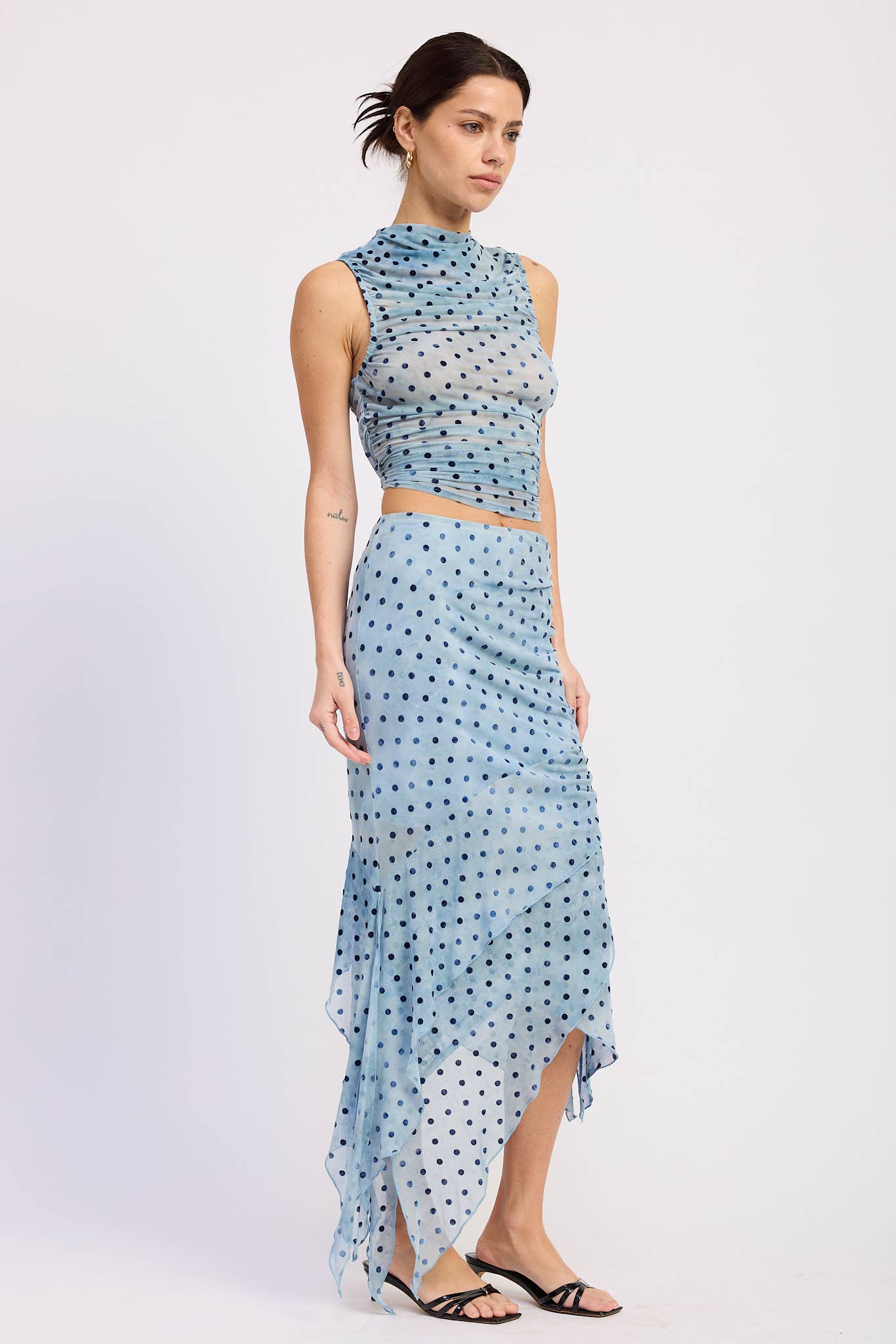 Mesh Blue Dot Shirred Top