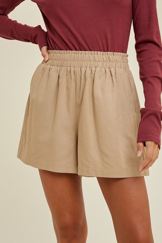 Smocked Waistband Linen Shorts - Khaki