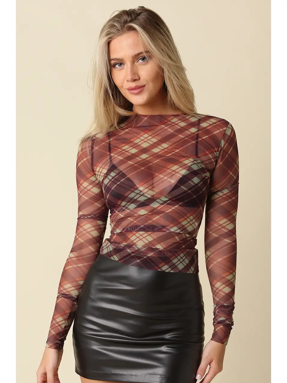 Clara Plaid Mesh Mock Neck Top
