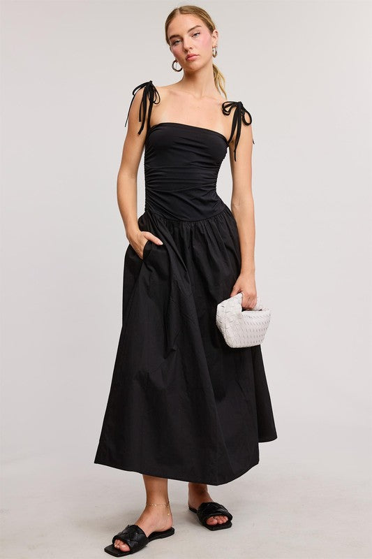 Ruched Tie Strap Midi Dress - Downerss