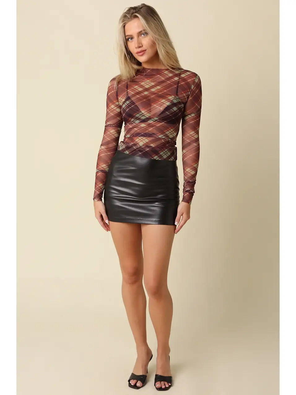 Clara Plaid Mesh Mock Neck Top