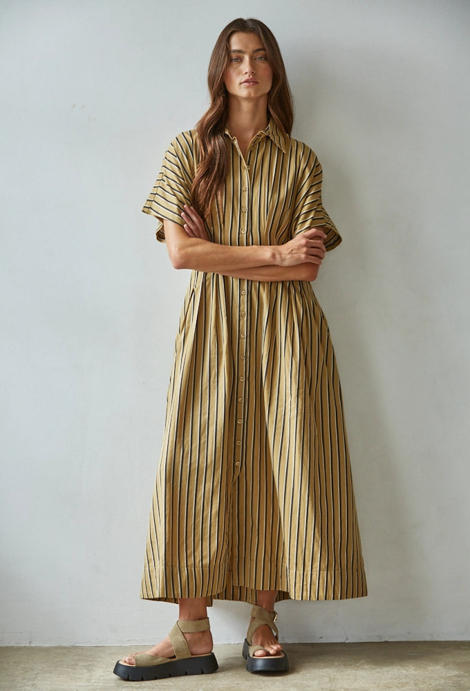 Coffee Striped Collar Button-Down Flare Dress