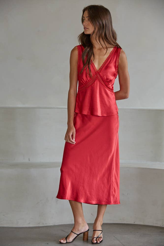 Red Satin Sleeveless V-Neck Top