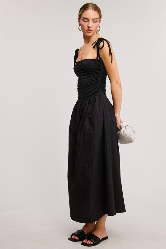 Ruched Tie Strap Midi Dress - Downerss