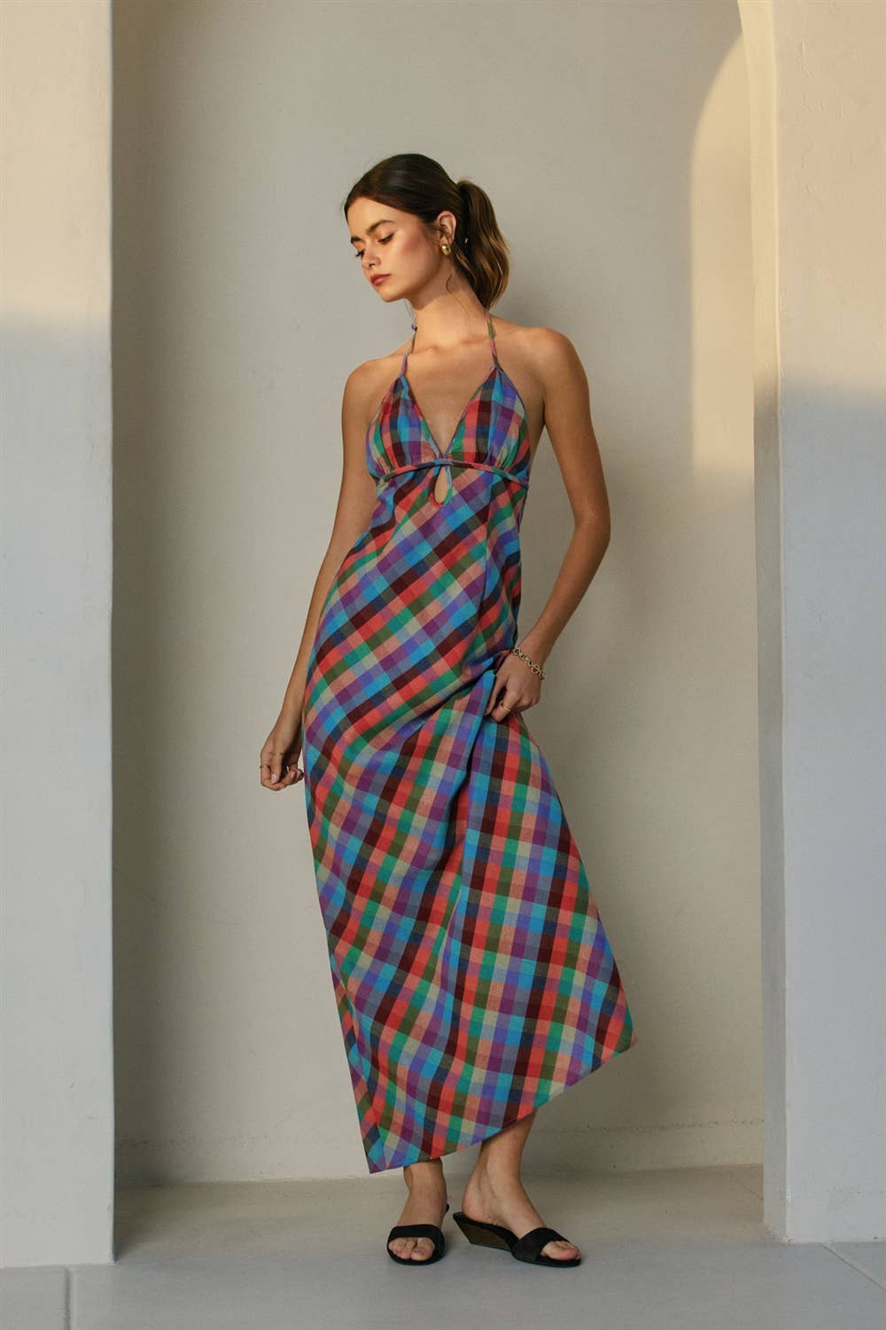 Colorful Gingham Halter Maxi Dress