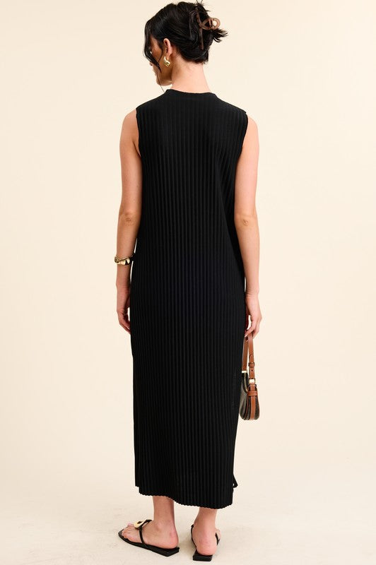 Black Woven Ribbed Midi Dress