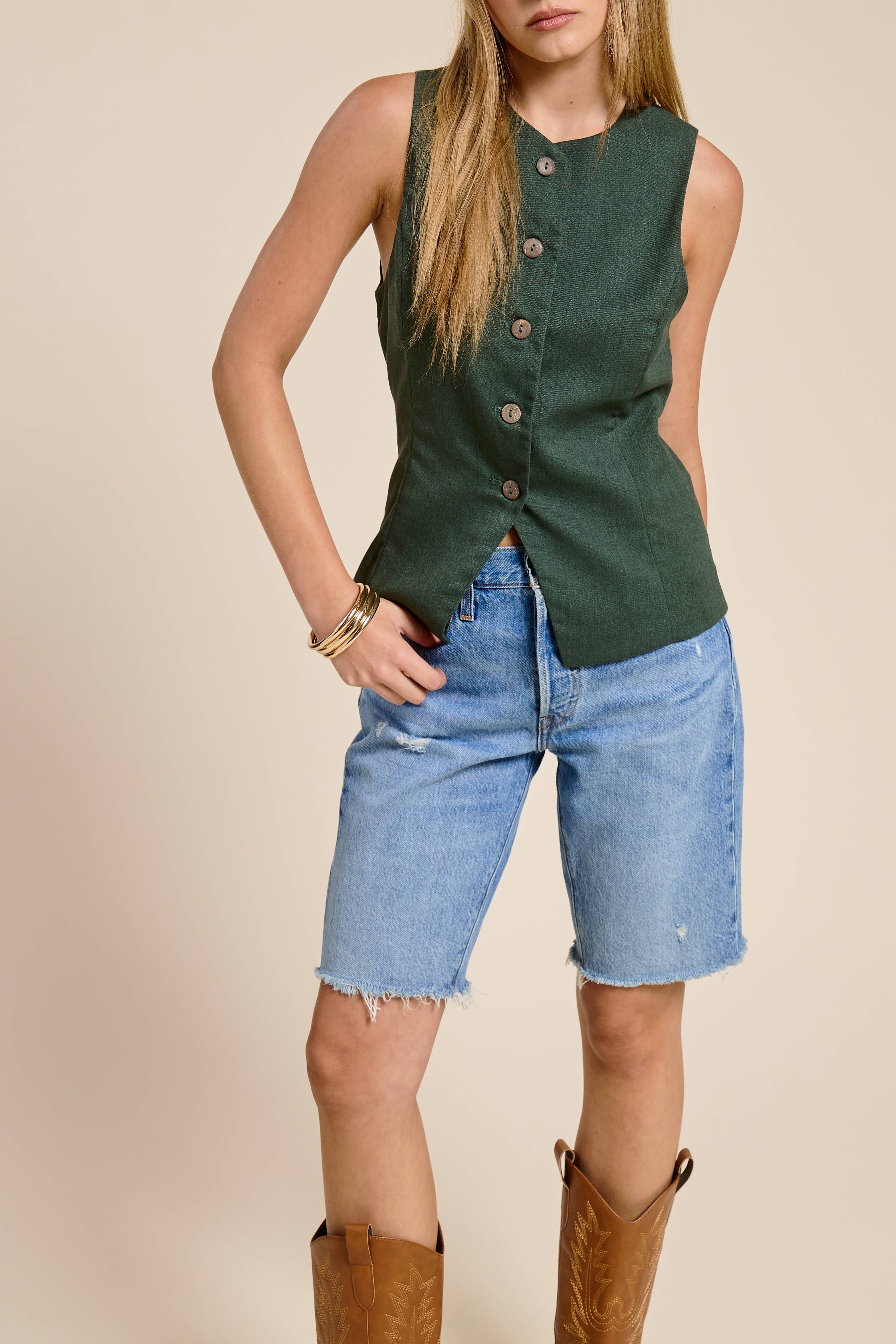 Sleeveless Buttoned Vest - Hunter Green