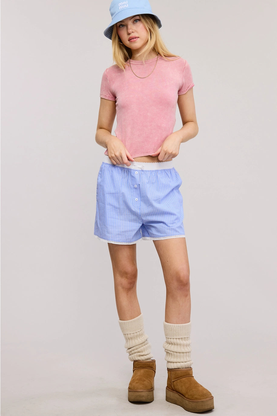 Acid Wash Ribbed Fitted Tee - Mauve