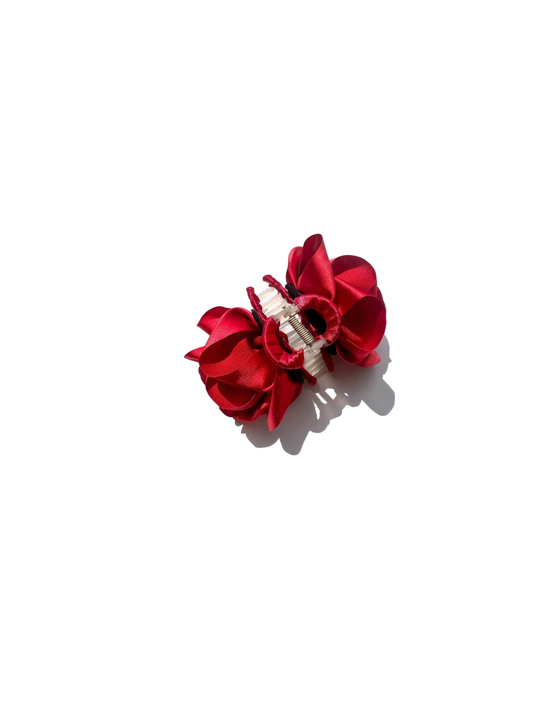 Handmade Satin Rose Claw Clip: Red - Downerss