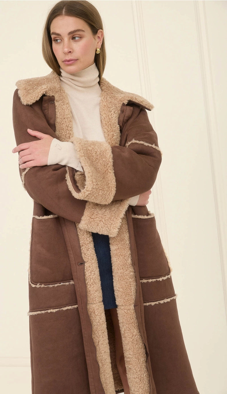 Suede Faux Fur Lined Long Coat