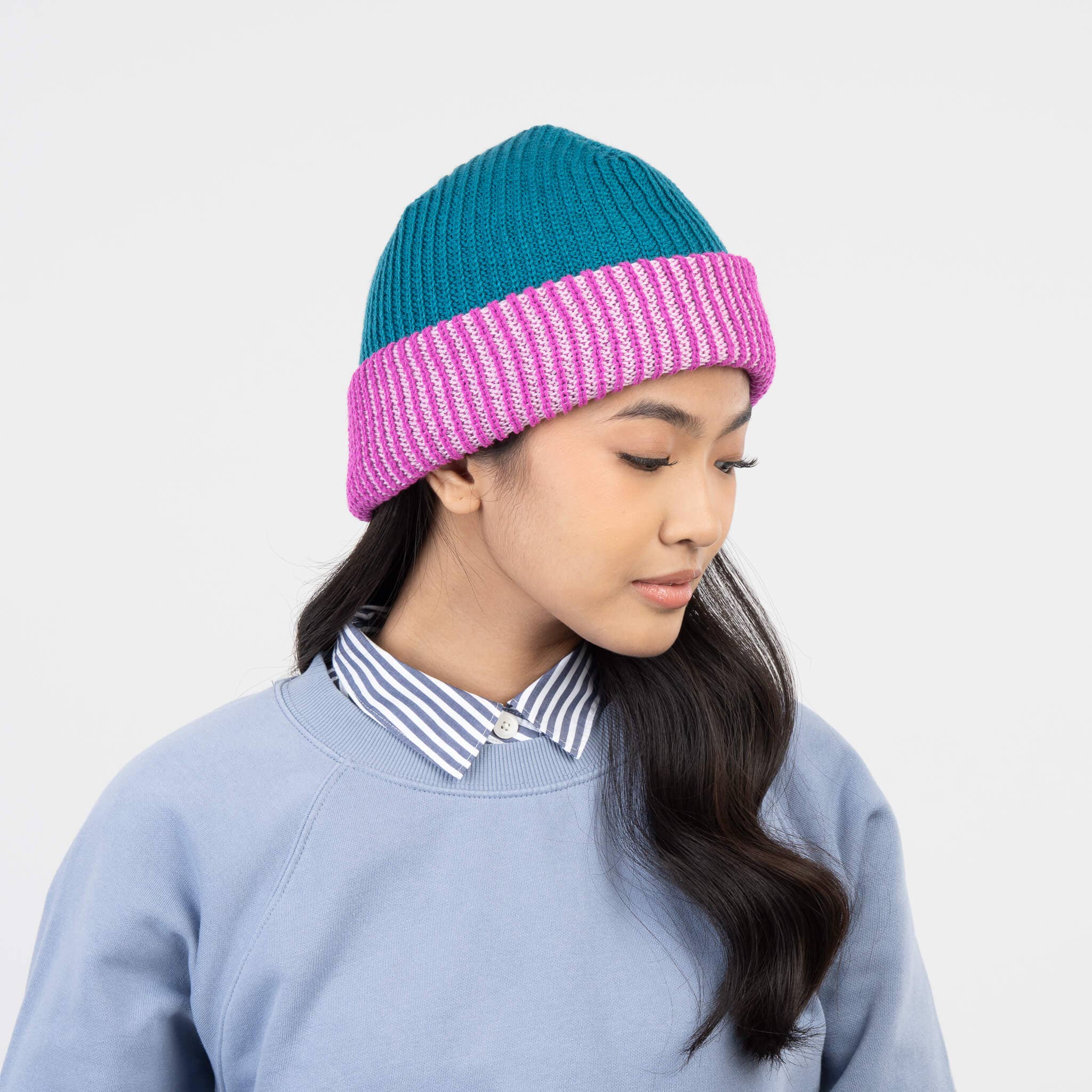 Stripe Cuff Plush Beanie: Teal Magenta