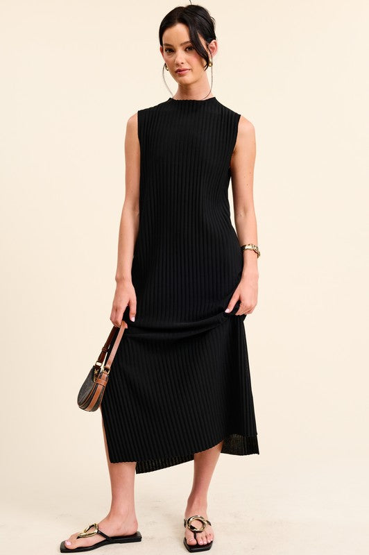 Black Woven Ribbed Midi Dress