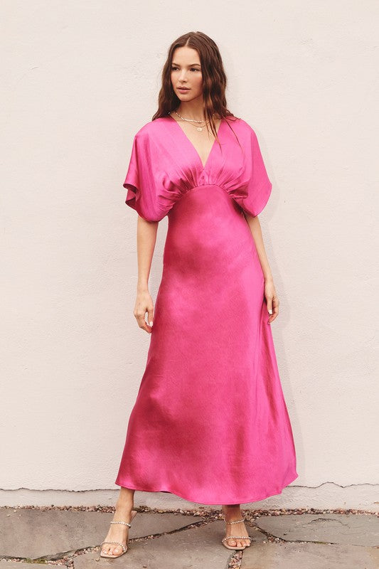 Satin Blouson Maxi Dress - Pink