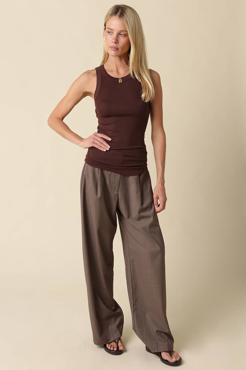 Coffee Ribbed Fitted Scoop Neck Tank Top