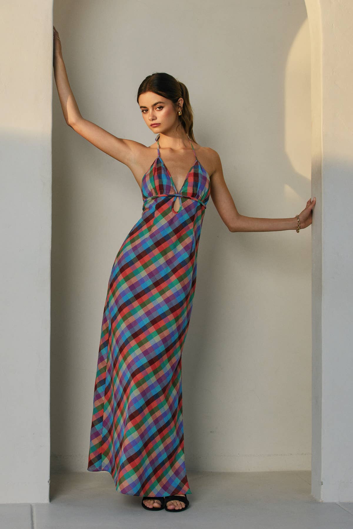 Colorful Gingham Halter Maxi Dress