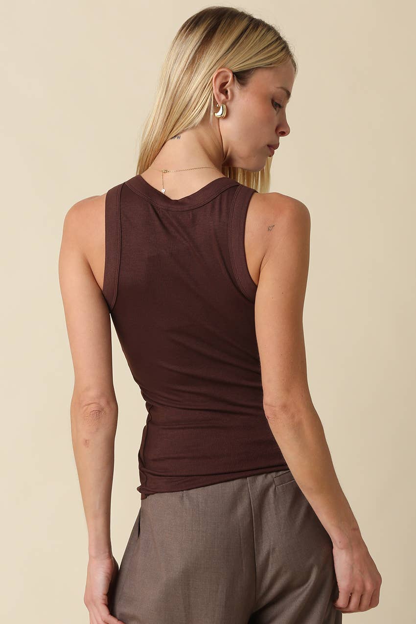 Coffee Ribbed Fitted Scoop Neck Tank Top