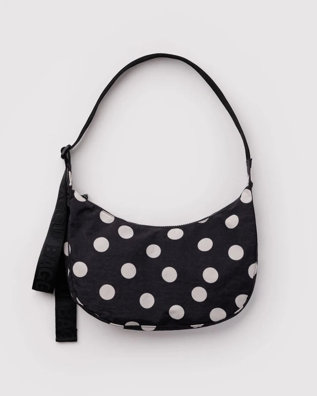 Medium Nylon Crescent Bag - Black And Cream Polka Dot
