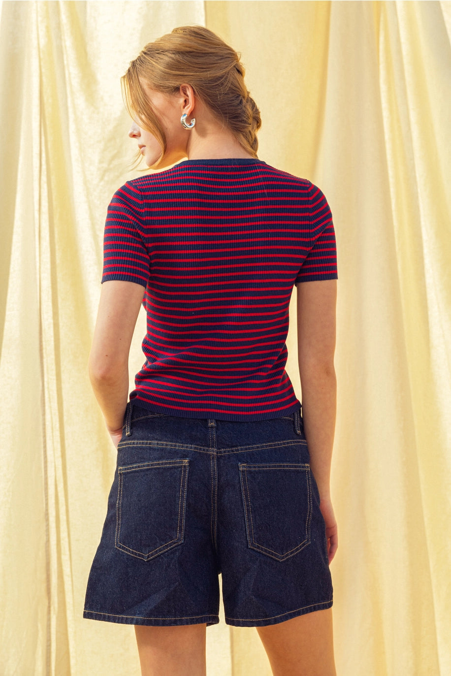 Stripe Ribbed Knit Short Sleeve Top