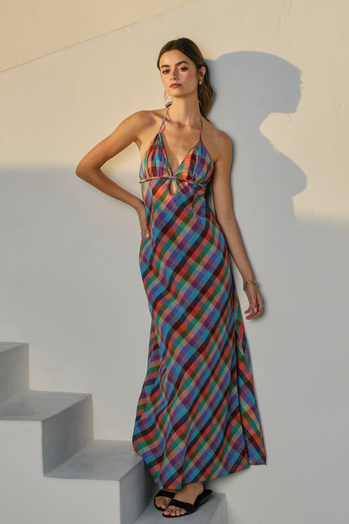 Colorful Gingham Halter Maxi Dress