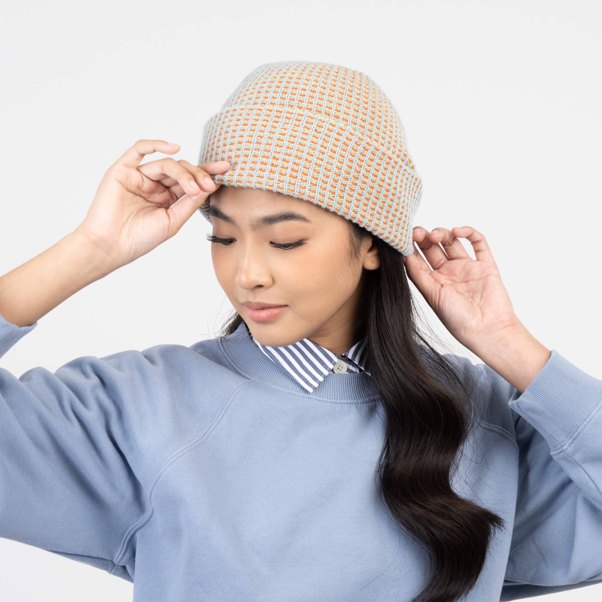 Simple Grid Knit Beanie: Stone Blue