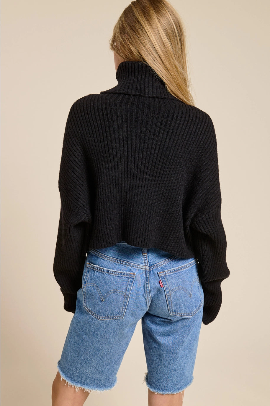 Cropped Ribbed Turtleneck Sweater - Black
