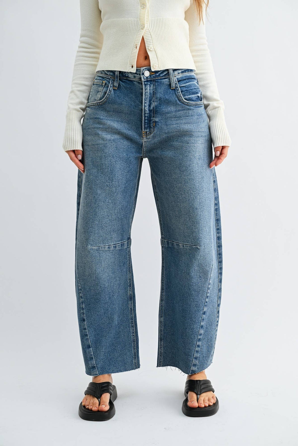 Raw Hem Barrel Jean w/ Seams - Medium Wash