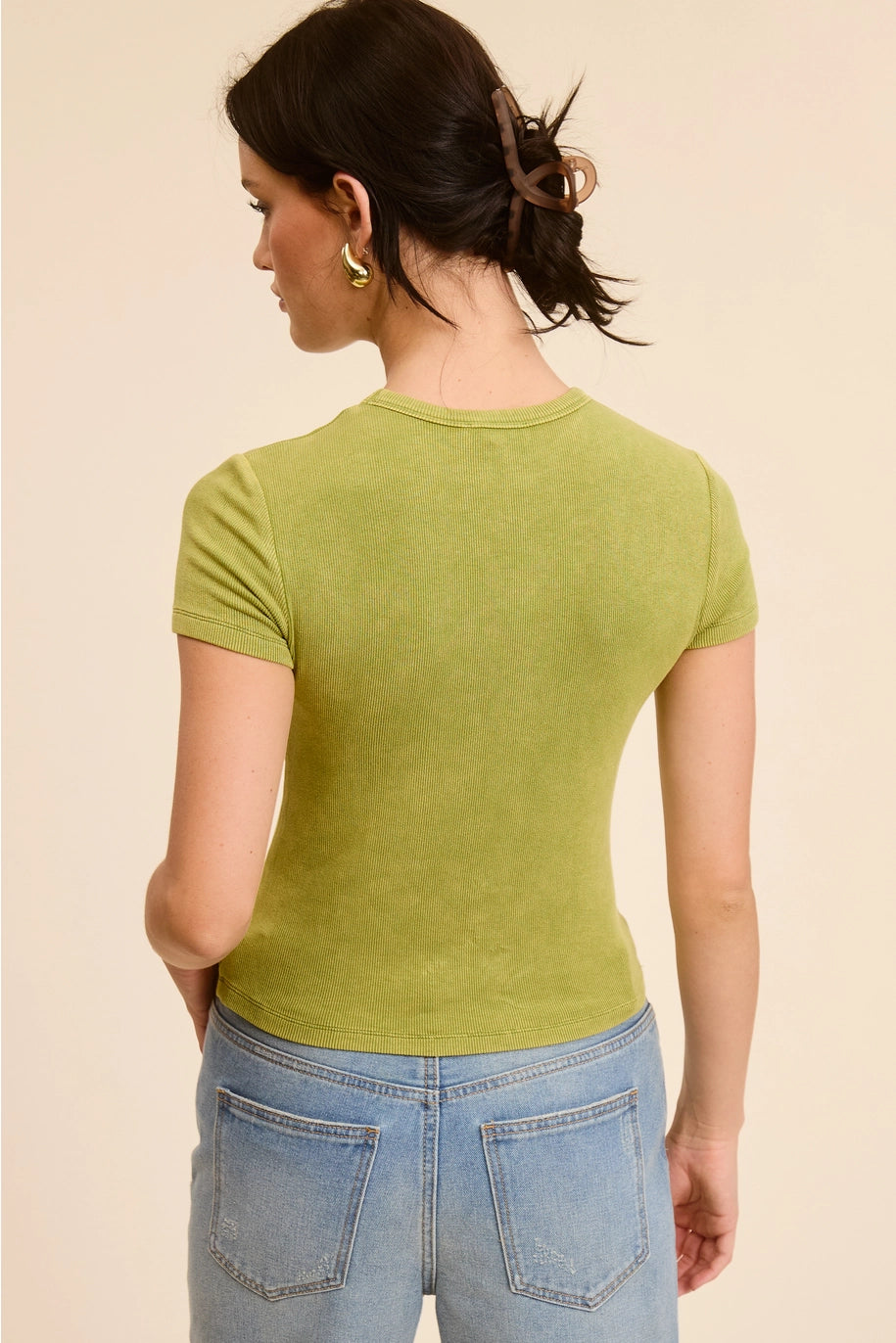 Acid Wash Ribbed Fitted Tee - Olive