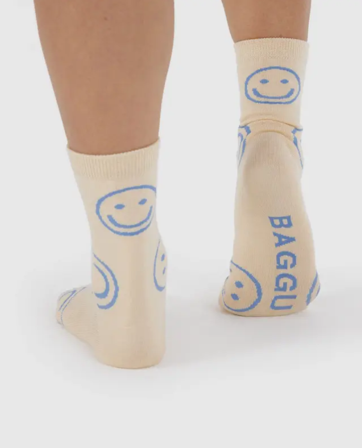 Crew Socks- Ecru Periwinkle Happy