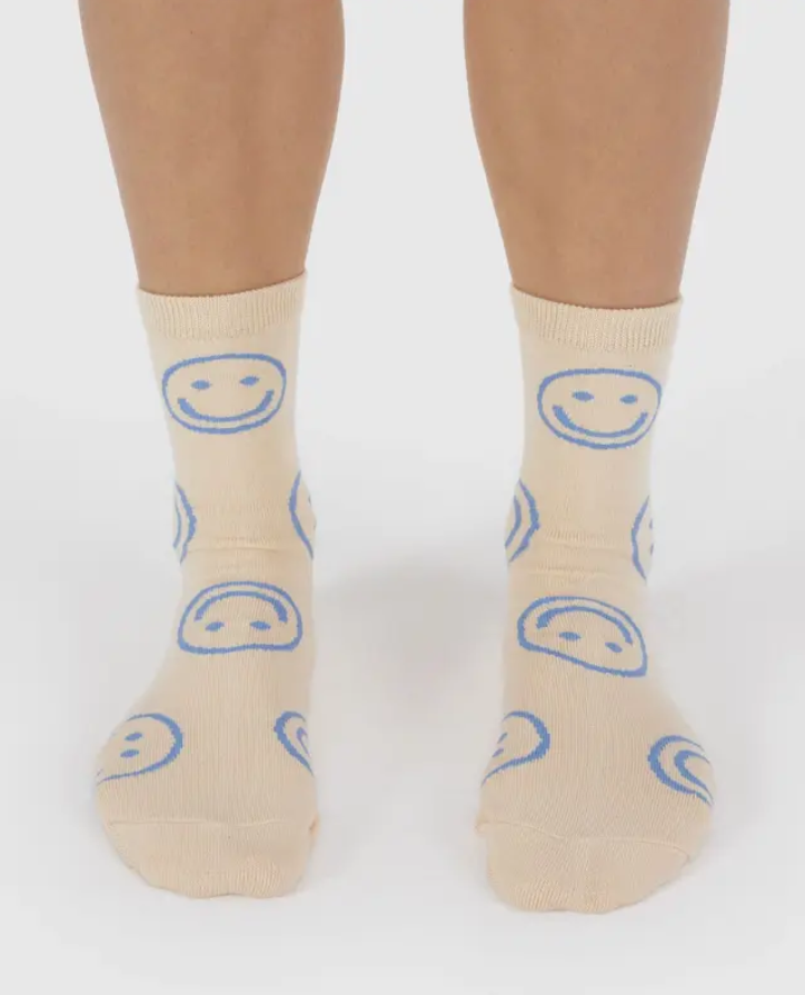 Crew Socks- Ecru Periwinkle Happy