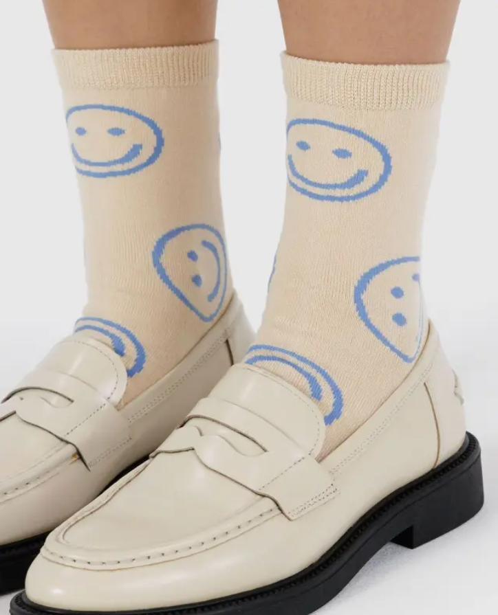 Crew Socks- Ecru Periwinkle Happy