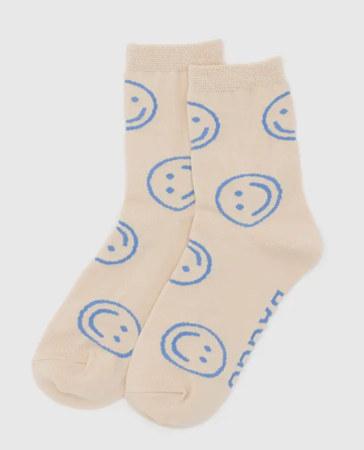 Crew Socks- Ecru Periwinkle Happy