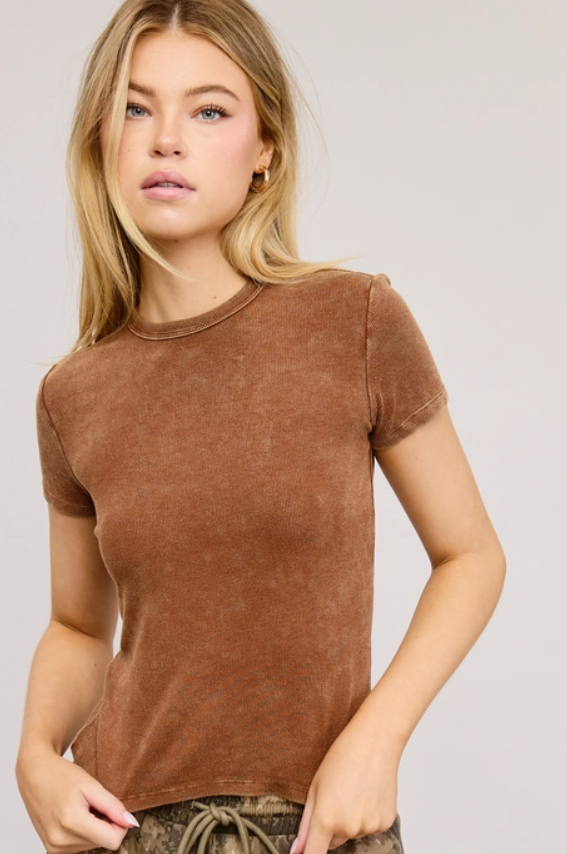 Acid Wash Ribbed Fitted Tee - Brown - Downerss